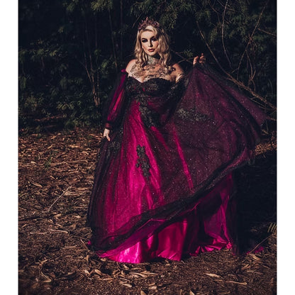 Sexy Sweetheart Neck Off the Shoulder Long Sleeve Open Back Lace  Appliques Tulle Rose Red A Line Gothic Black Wedding Dress