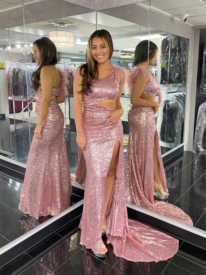 Roycebridal One Shoulder Sparkly Unique Black Mermaid Prom Dress