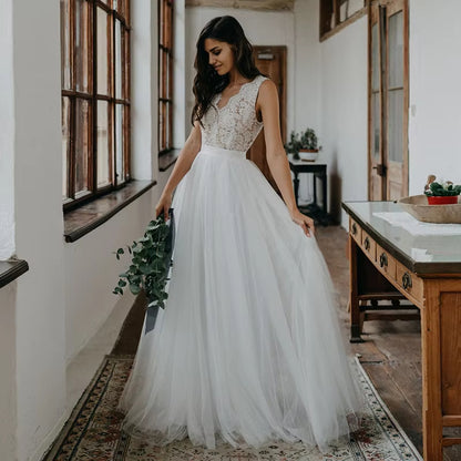 Ivory Country V Neck Open Back Lace A-Line Wedding Dress Customized