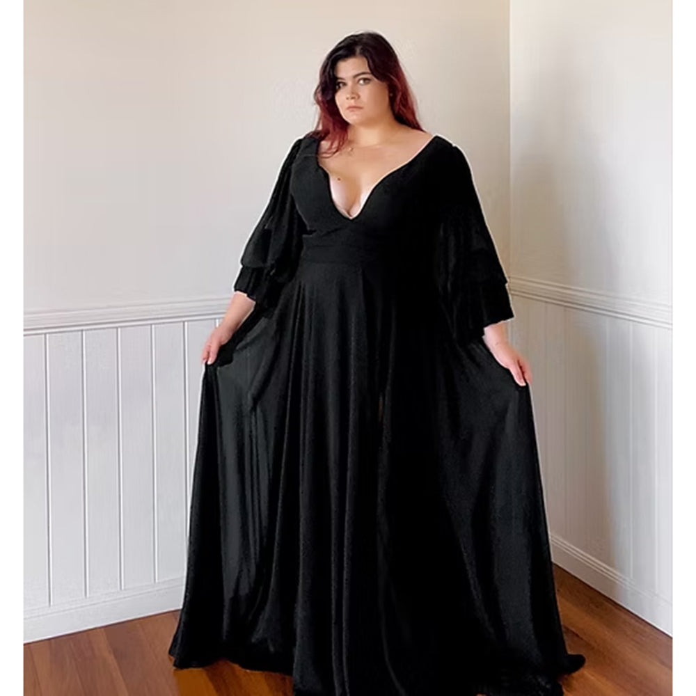 Sexy Split V Neck Flare Sleeve Chiffon A Line Gothic Black Wedding Dress