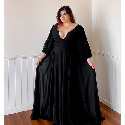 Sexy Split V Neck Flare Sleeve Chiffon A Line Gothic Black Wedding Dress
