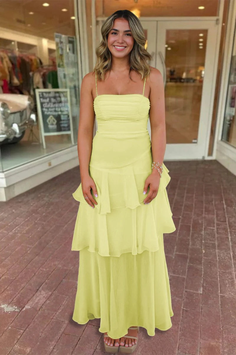 Yellow Spaghetti Straps Sheath Chiffon Pleated Ruffles Formal A Line Prom Dress