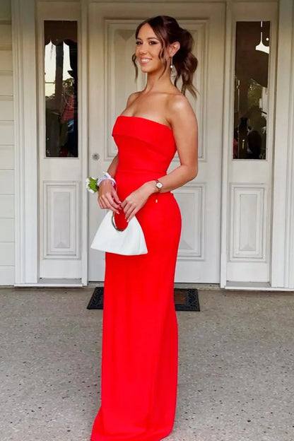 Red Strapless Sheath Satin Pleated Long Formal Mermaid Prom Dress