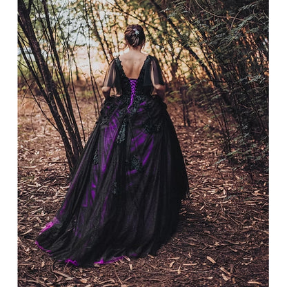 Sexy V Neck Short Cap Sleeve Open Back Lace Up Appliques Tulle Dark Purple A Line Gothic Black Wedding Dress