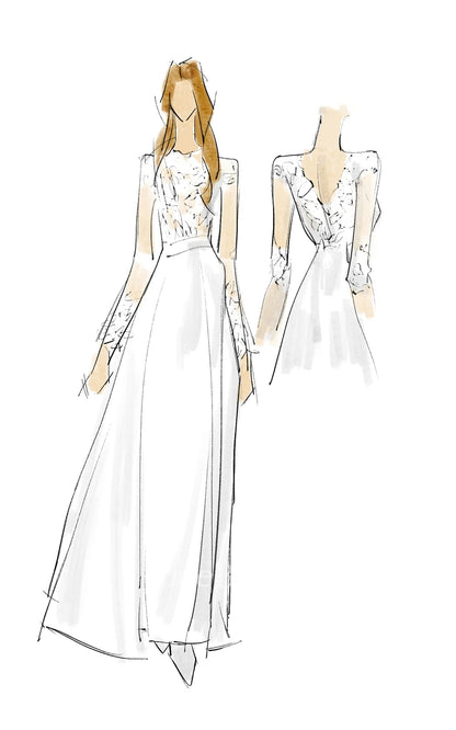 Ivory Boho Floral Long Sleeve Chiffon A-Line Wedding Dress Custom Made