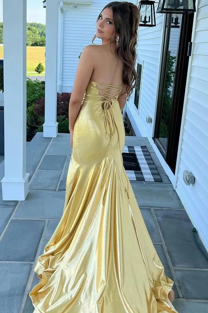 Yellow Slit VNeck Metallic Long Mermaid Prom Dress