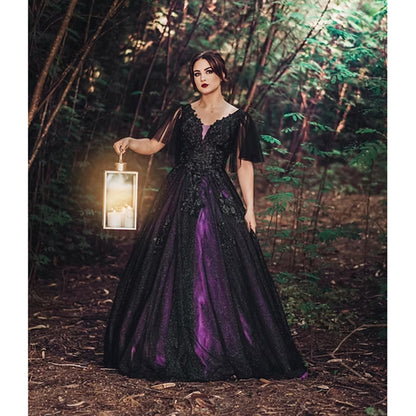 Sexy V Neck Short Cap Sleeve Open Back Lace Up Appliques Tulle Dark Purple A Line Gothic Black Wedding Dress