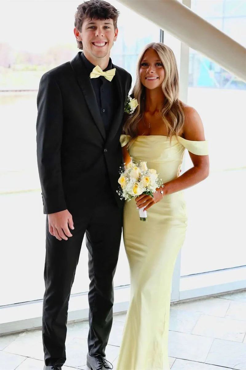 Yellow Off The Shoulder Sheath Satin Long Mermaid Prom Dress