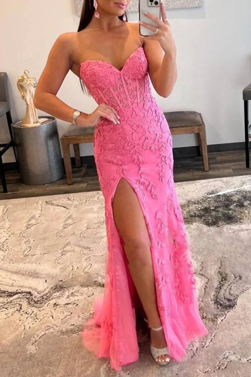 Slit Strapless Corset Lace Mermaid Prom Dress