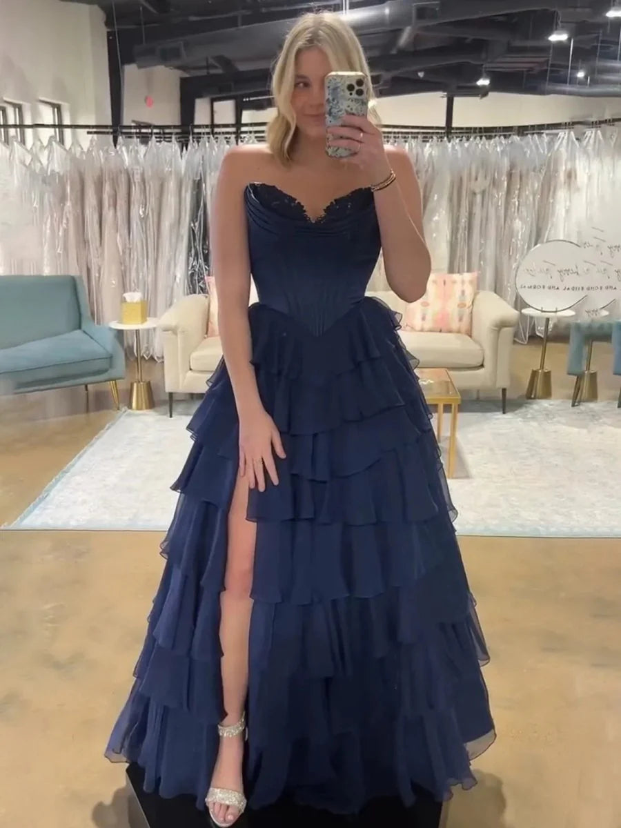 Split Strapless Ruffle Long A Line Prom Dress