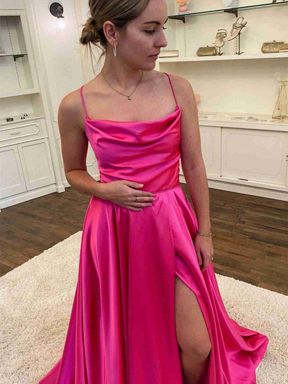 Roycebridal Araya |A Line Cowl Neck Satin Prom Dress With Slit