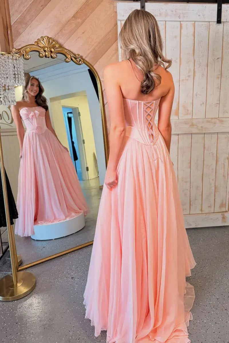 Pink Strapless Bow Pleated Chiffon Long A Line Prom Dress