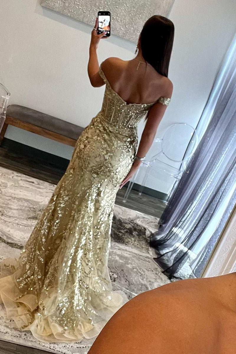 Roycebridal Soleil | Gold Sequin Lace Off the Shoulder Mermaid Prom Dress