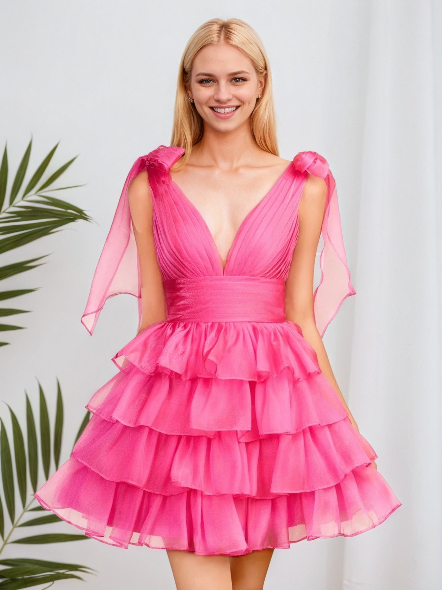 Robe de soirée trapèze bleu roi tendance à volants et nœud