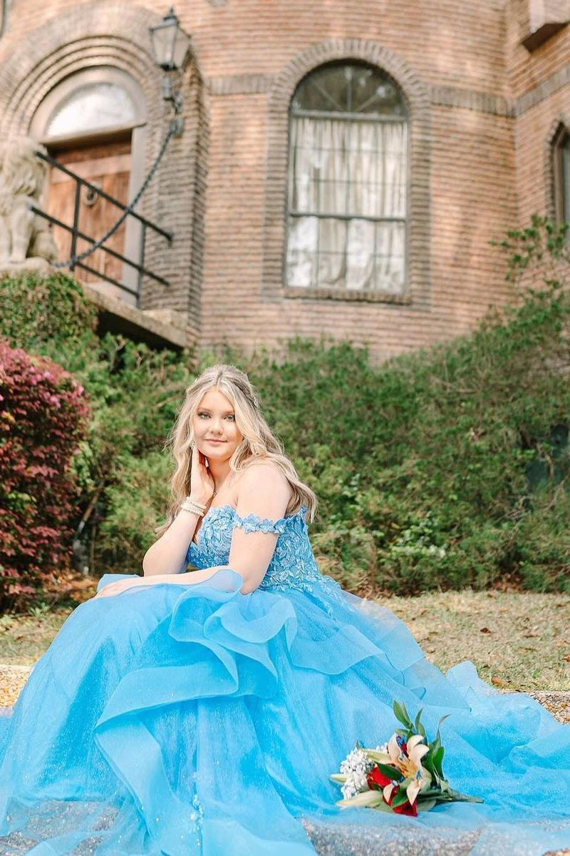 Roycebridal Blue Off the Shoulder Ruffle Tiered Tulle Long Prom Dresses with Appliques