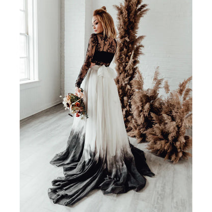 O Neck Long Sleeve Lace Top Bow Back A Line Gothic Black Wedding Dress