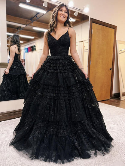 Roycebridal Emerson | Black A-Line Deep V Neck Tiered Long Glitter Tulle Prom Dress