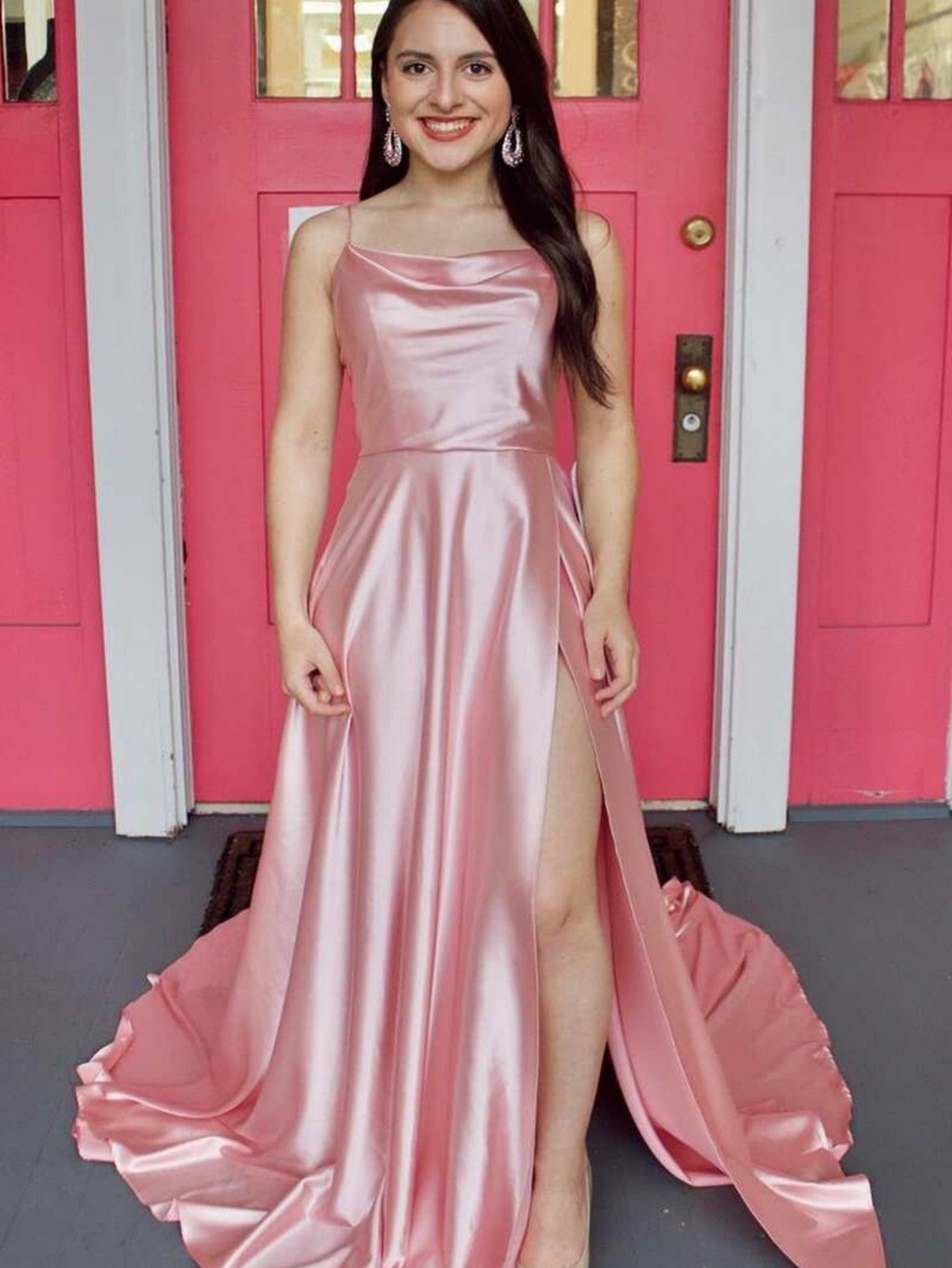 Roycebridal Araya |A Line Cowl Neck Satin Prom Dress With Slit