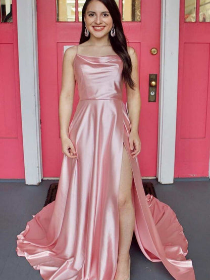 Roycebridal Araya |A Line Cowl Neck Satin Prom Dress With Slit