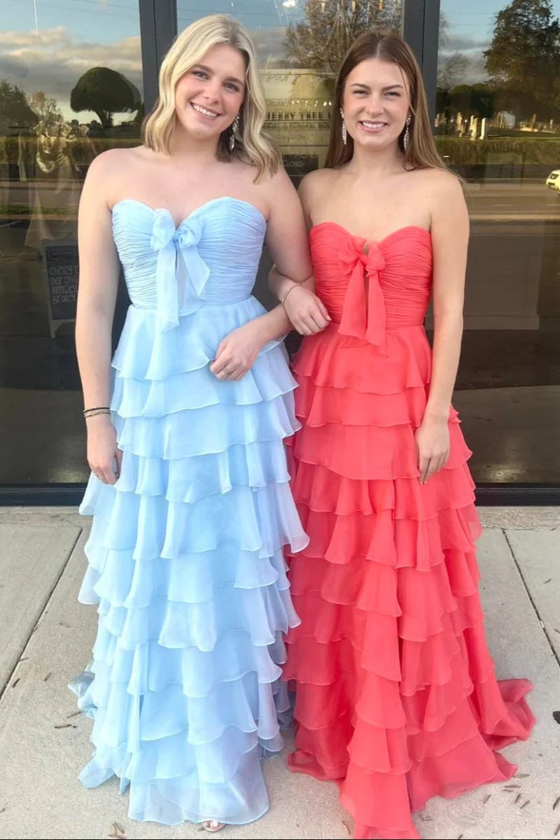 Slit Fuchsia Sweetheart Tiered Ruffles Chiffon A Line Prom Dress