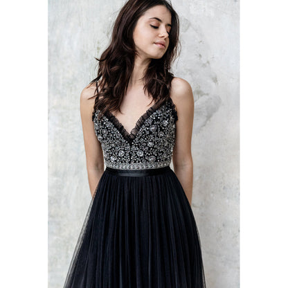 V Neck Spaghetti Straps Beading Top Gothic Black A Line Wedding Dress