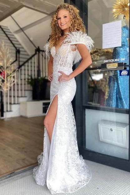 Roycebridal Paloma |Mermaid Feather Off the Shoulder Lace Prom Dress