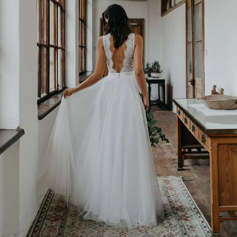Ivory Country V Neck Open Back Lace A-Line Wedding Dress Customized