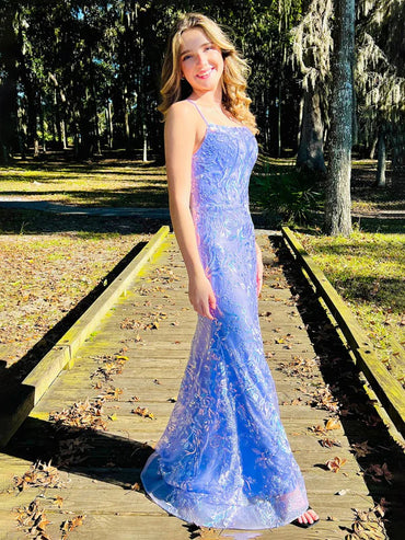 Lilac Spagehtti Straps Lace Sequin Long Mermaid Prom Dress