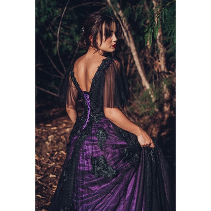 Sexy V Neck Short Cap Sleeve Open Back Lace Up Appliques Tulle Dark Purple A Line Gothic Black Wedding Dress