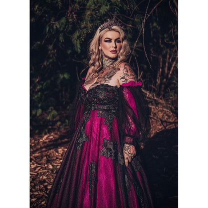 Sexy Sweetheart Neck Off the Shoulder Long Sleeve Open Back Lace  Appliques Tulle Rose Red A Line Gothic Black Wedding Dress
