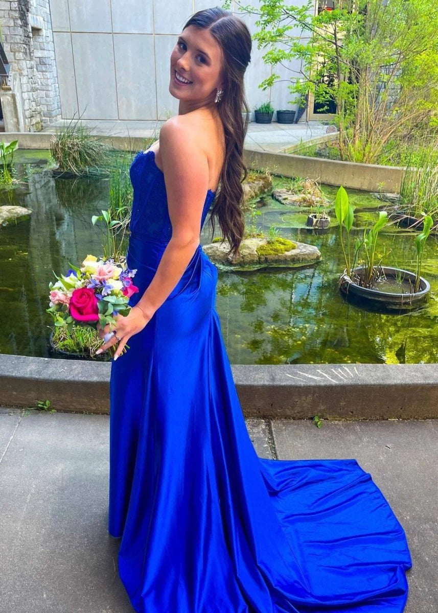 Slit Strapless Corset Sheath Satin Mermaid Prom Dress