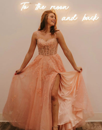 Roycebridal Rylie |A-Line Spaghetti Straps Glitter Tulle Prom Dress with Slit