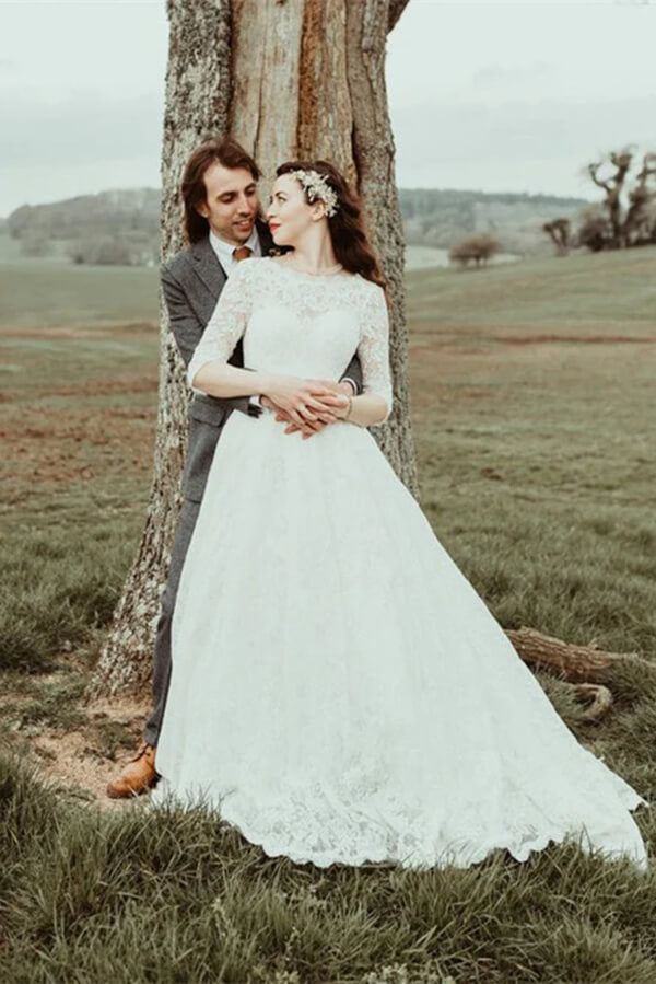 A-line Lace Half Sleeves Backless Vintage Wedding Dresses, Bridal Gown, MW776 | wedding dresses with sleeves | beach wedding dresses | bohemian wedding dresses | musebridals.com