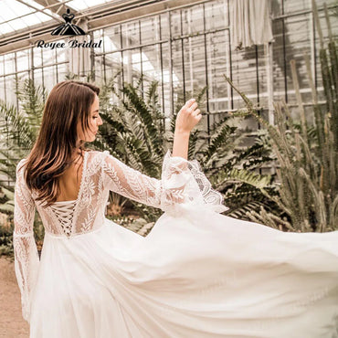 Maternity Long Sleeve Lace Chiffon Boho Wedding Dress for Pregnant Women