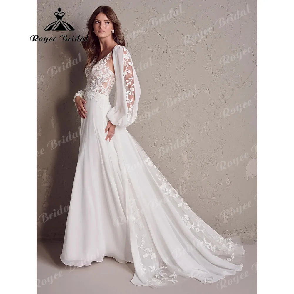 Modest Chiffon Lace Bohemian Elopement Long Sleeve Flowying Illusion Back