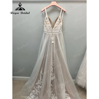 Robe Civil Lace Bohemian Spaghetti straps V Neck Wedding Dress