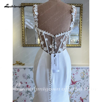 Roycebridal Mermaid Wedding Dress  Elegant Vestido De Novia Satin Flowers Lace Bride Dresses Sheer Buttons Back