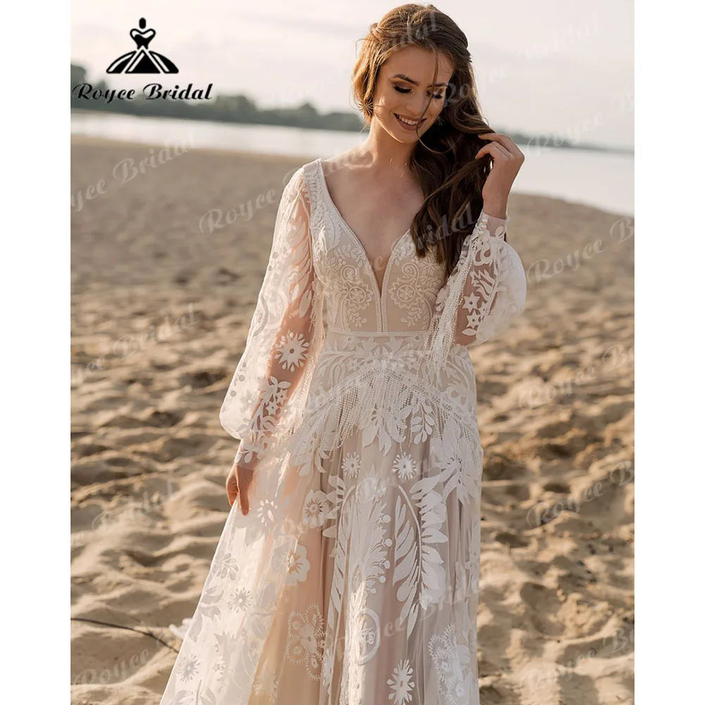 Bohemio Long Sleeve Lace Hippie Elopement Wedding Dress Beach Tassels