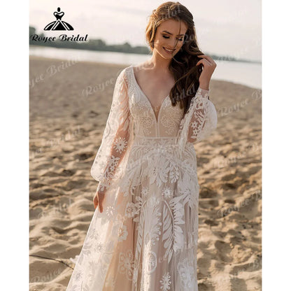 Bohemio Long Sleeve Lace Hippie Elopement Wedding Dress Beach Tassels
