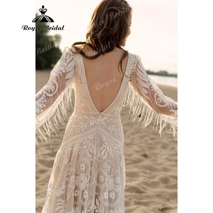 Bohemio Long Sleeve Lace Hippie Elopement Wedding Dress Beach Tassels