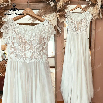 Boho Scoop Neck Wedding Dress Cap Sleeve Lace Bodice Open Back Beach