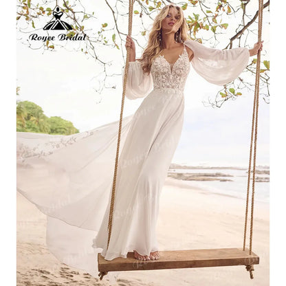 Modest Chiffon Lace Bohemian Elopement Long Sleeve Flowying Illusion Back