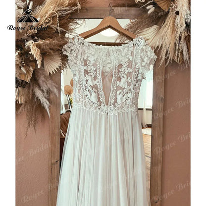 Boho Scoop Neck Wedding Dress Cap Sleeve Lace Bodice Open Back Beach