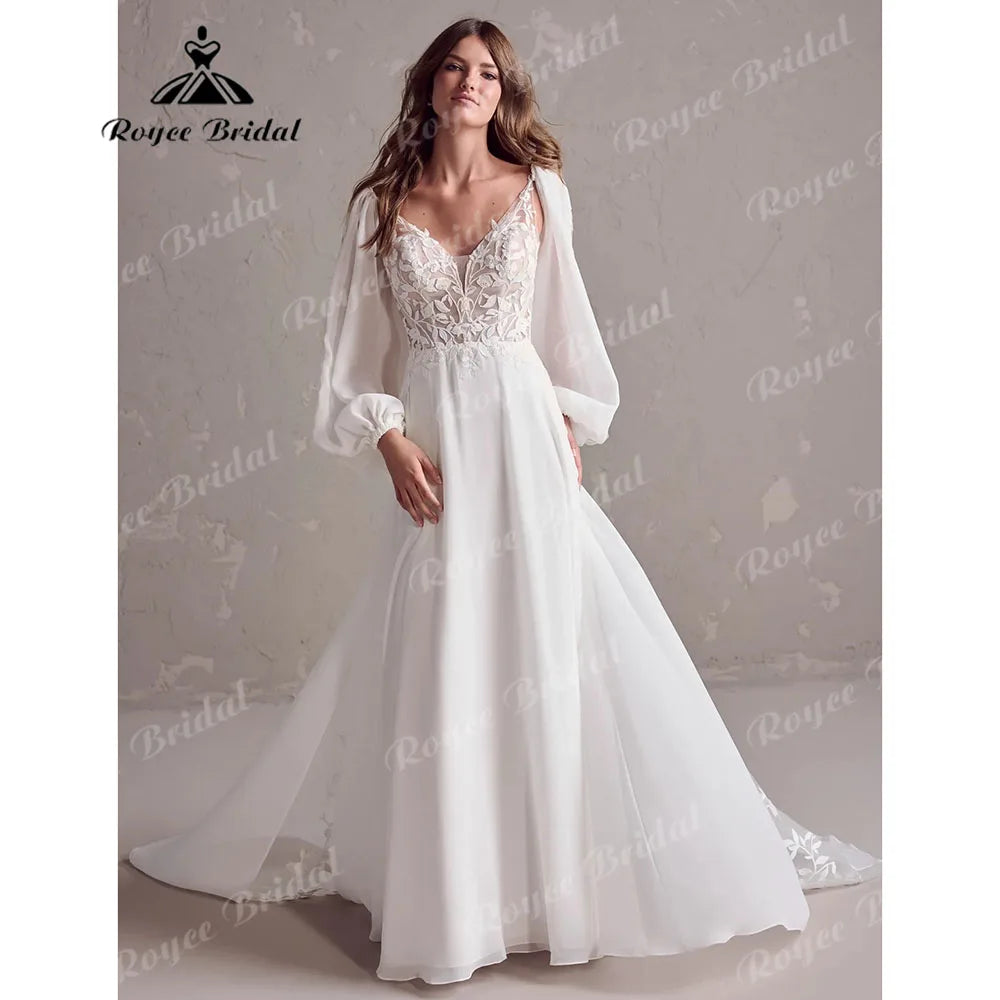 Modest Chiffon Lace Bohemian Elopement Long Sleeve Flowying Illusion Back