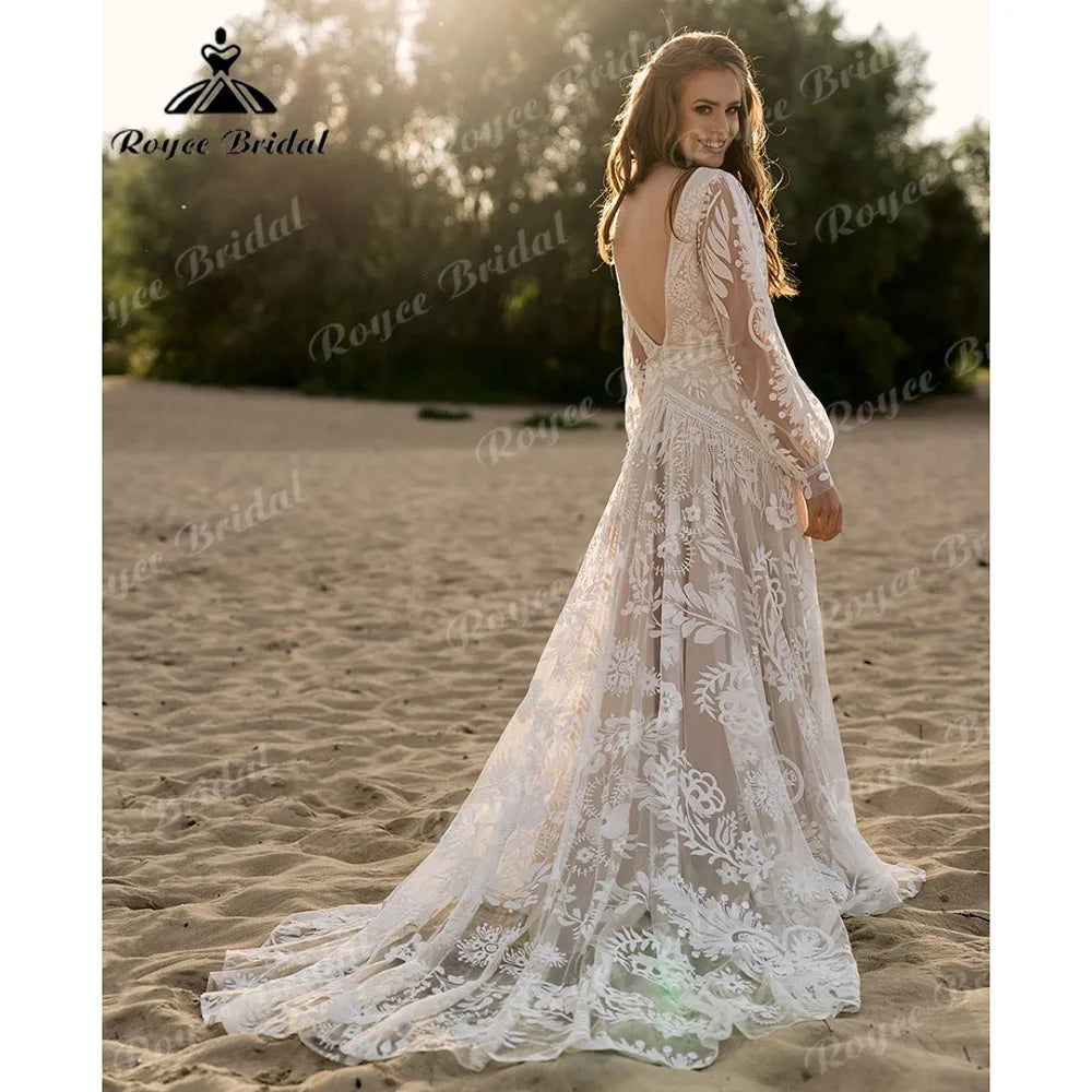 Bohemio Long Sleeve Lace Hippie Elopement Wedding Dress Beach Tassels
