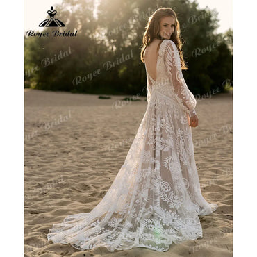 Bohemio Long Sleeve Lace Hippie Elopement Wedding Dress Beach Tassels