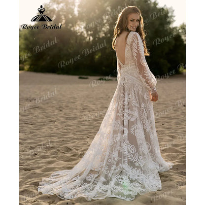 Bohemio Long Sleeve Lace Hippie Elopement Wedding Dress Beach Tassels