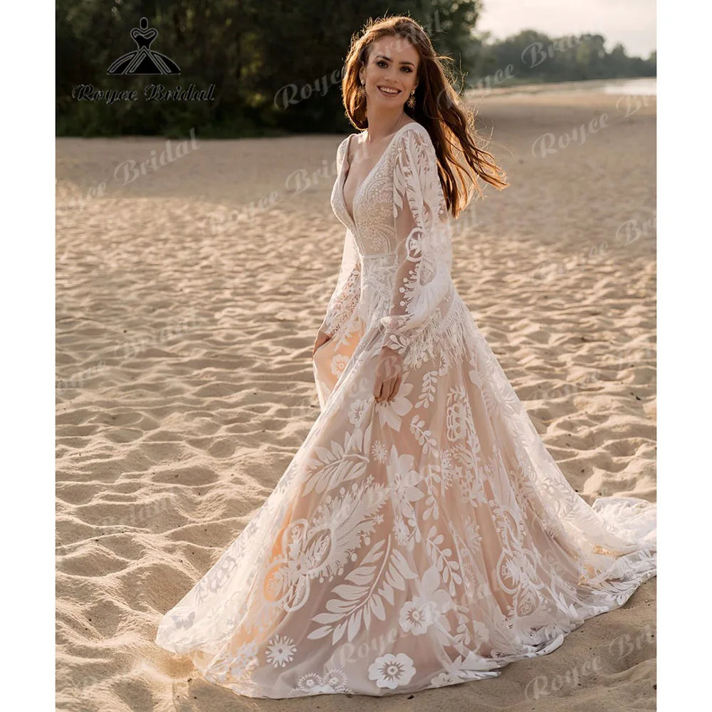 Bohemio Long Sleeve Lace Hippie Elopement Wedding Dress Beach Tassels