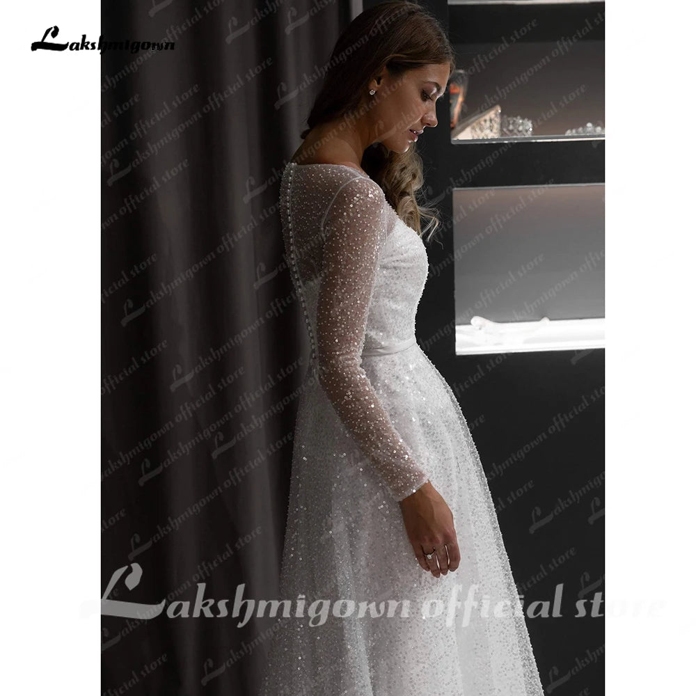 Lakshmigown Boho A-line Beach Wedding Dress See Through Sleeves Sweep Train Bridal Dress Custom Made Bridal Gowns