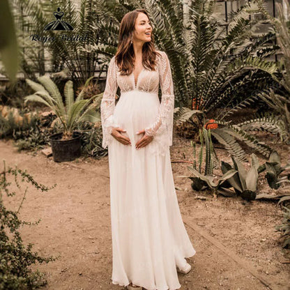 Maternity Long Sleeve Lace Chiffon Boho Wedding Dress for Pregnant Women